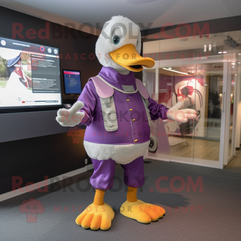 Purple Goose mascot costume character dressed with a Trousers and Digital watches Purple Goose mascot costume character dressed with a Trousers and Digital watches