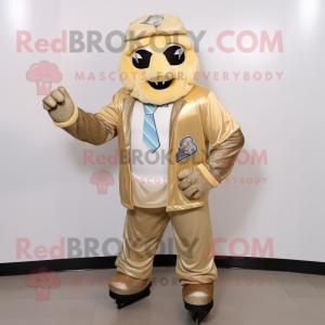 Gold Ice mascot costume character dressed with a Jacket and Lapel pins