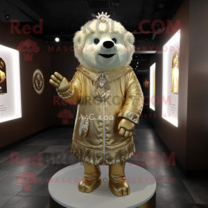 Gold Ice mascot costume character dressed with a Jacket and Lapel pins