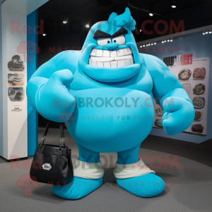 Cyan Strongman mascot costume character dressed with a Culottes and Clutch bags