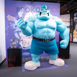 Cyan Strongman mascot costume character dressed with a Culottes and Clutch bags