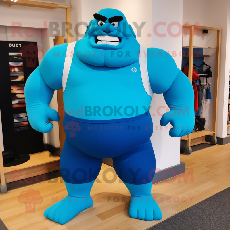 Cyan Strongman mascot costume character dressed with a Culottes and Clutch bags