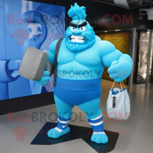 Cyan Strongman mascot costume character dressed with a Culottes and Clutch bags