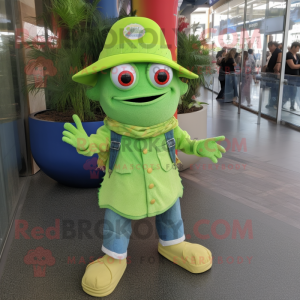 Lime Green Ceviche mascot costume character dressed with a Denim Shorts and Hat pins
