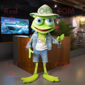Lime Green Ceviche mascot costume character dressed with a Denim Shorts and Hat pins