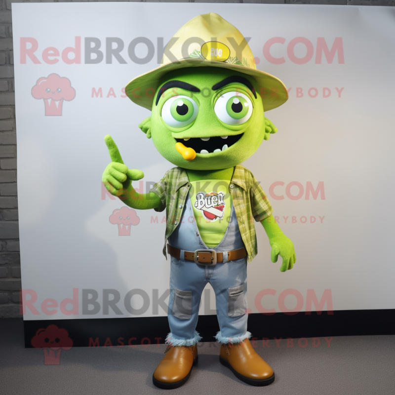 Lime Green Ceviche mascot costume character dressed with a Denim Shorts and Hat pins