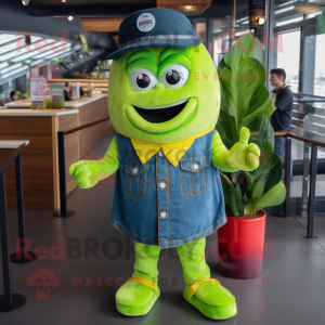 Lime Green Ceviche mascot costume character dressed with a Denim Shorts and Hat pins