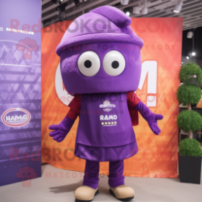 Purple Ramen mascot costume character dressed with a Shorts and Beanies