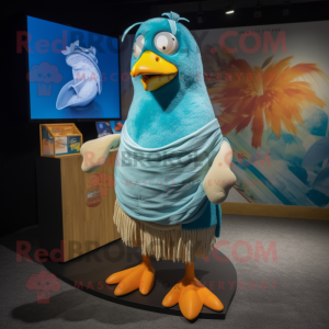 Cyan Butter Chicken mascot costume character dressed with a Board Shorts and Shawls