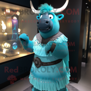 Cyan Yak mascot costume character dressed with a Empire Waist Dress and Bracelet watches