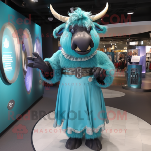 Cyan Yak mascot costume character dressed with a Empire Waist Dress and Bracelet watches