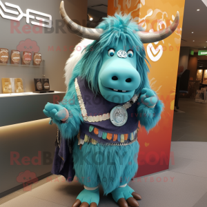 Cyan Yak mascot costume character dressed with a Empire Waist Dress and Bracelet watches