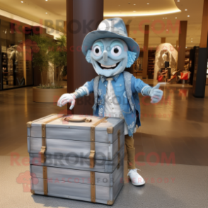 Silver Treasure Chest mascot costume character dressed with a Chambray Shirt and Hats