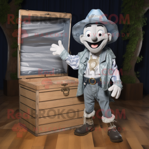 Silver Treasure Chest mascot costume character dressed with a Chambray Shirt and Hats