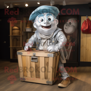 Silver Treasure Chest mascot costume character dressed with a Chambray Shirt and Hats