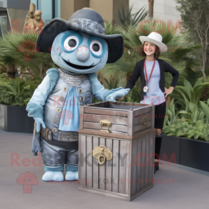 Silver Treasure Chest mascot costume character dressed with a Chambray Shirt and Hats