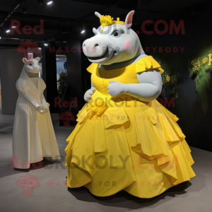 Yellow Rhinoceros mascot costume character dressed with a Ball Gown and Wallets