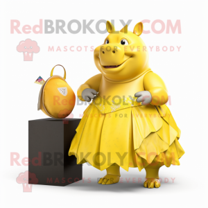 Yellow Rhinoceros mascot costume character dressed with a Ball Gown and Wallets