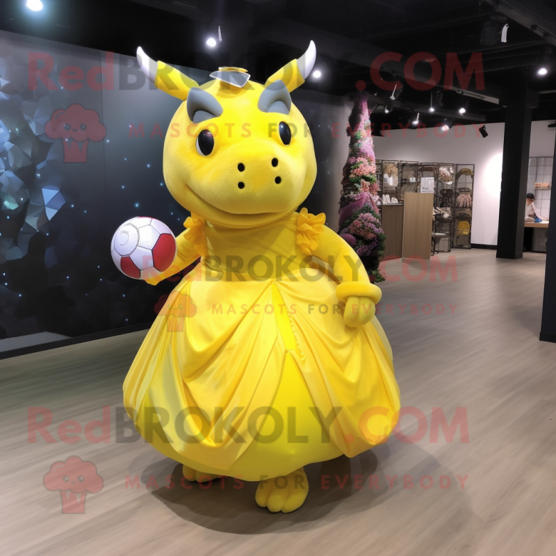 Yellow Rhinoceros mascot costume character dressed with a Ball Gown and Wallets