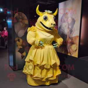 Yellow Rhinoceros mascot costume character dressed with a Ball Gown and Wallets