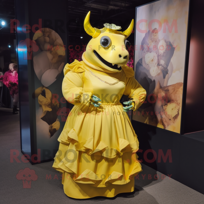 Yellow Rhinoceros mascot costume character dressed with a Ball Gown and Wallets Yellow Rhinoceros mascot costume character dressed with a Ball Gown and Wallets