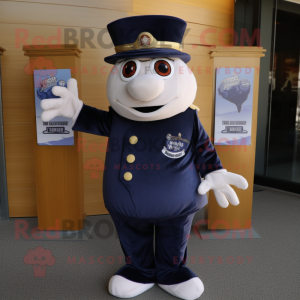 Navy Moussaka mascot costume character dressed with a V-Neck Tee and Hat pins