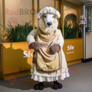 Beige Suffolk Sheep mascot costume character dressed with a A-Line Skirt and Shawls