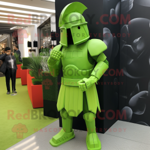 Lime Green Spartan Soldier mascot costume character dressed with a A-Line Skirt and Lapel pins