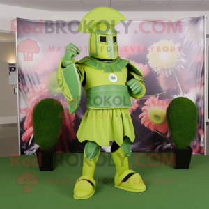 Lime Green Spartan Soldier mascot costume character dressed with a A-Line Skirt and Lapel pins