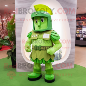 Lime Green Spartan Soldier mascot costume character dressed with a A-Line Skirt and Lapel pins