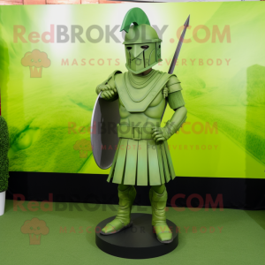Lime Green Spartan Soldier mascot costume character dressed with a A-Line Skirt and Lapel pins