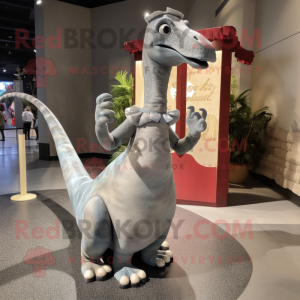 Gray Brachiosaurus mascot costume character dressed with a A-Line Skirt and Shoe clips