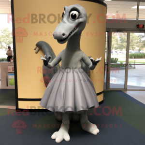 Gray Brachiosaurus mascot costume character dressed with a A-Line Skirt and Shoe clips