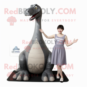 Gray Brachiosaurus mascot costume character dressed with a A-Line Skirt and Shoe clips