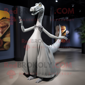 Gray Brachiosaurus mascot costume character dressed with a A-Line Skirt and Shoe clips