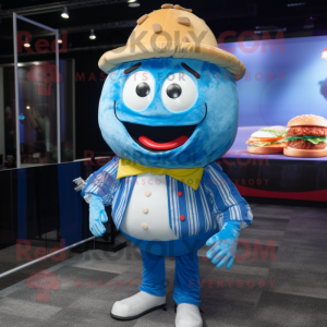 Blue Hamburger mascot costume character dressed with a Button-Up Shirt and Shawl pins