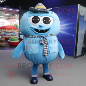 Blue Hamburger mascot costume character dressed with a Button-Up Shirt and Shawl pins