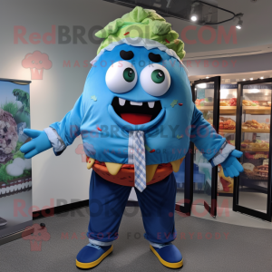 Blue Hamburger mascot costume character dressed with a Button-Up Shirt and Shawl pins