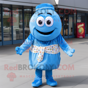 Blue Hamburger mascot costume character dressed with a Button-Up Shirt and Shawl pins