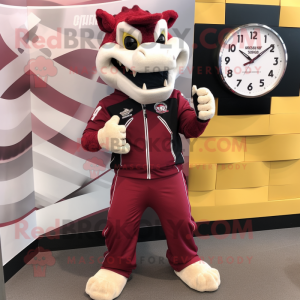 Maroon Dragon mascot costume character dressed with a Biker Jacket and Smartwatches