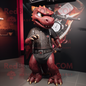 Maroon Dragon mascot costume character dressed with a Biker Jacket and Smartwatches