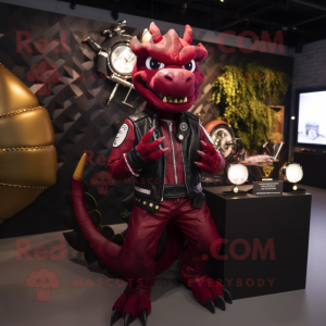 Maroon Dragon mascot costume character dressed with a Biker Jacket and Smartwatches