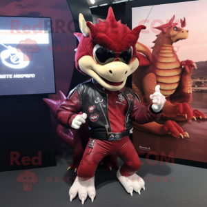 Maroon Dragon mascot costume character dressed with a Biker Jacket and Smartwatches