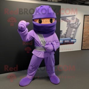 Lavender Ninja mascot costume character dressed with a Blazer and Shoe laces