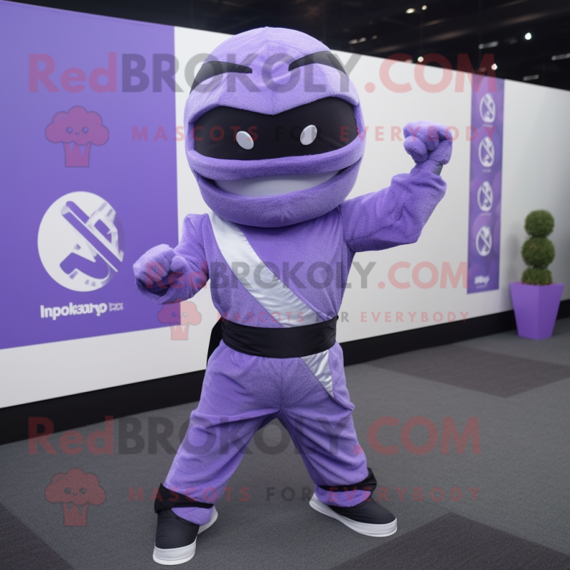 Lavender Ninja mascot costume character dressed with a Blazer and Shoe laces