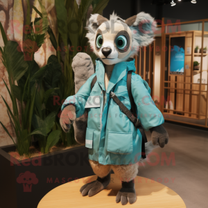 Teal Lemur mascot costume character dressed with a Parka and Handbags