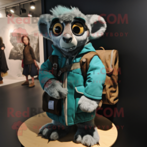 Teal Lemur mascot costume character dressed with a Parka and Handbags