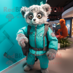 Teal Lemur mascot costume character dressed with a Parka and Handbags