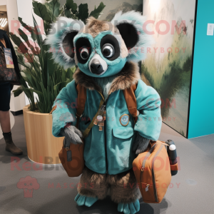 Teal Lemur mascot costume character dressed with a Parka and Handbags