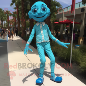 Turquoise Tightrope Walker mascot costume character dressed with a Dress Shirt and Foot pads